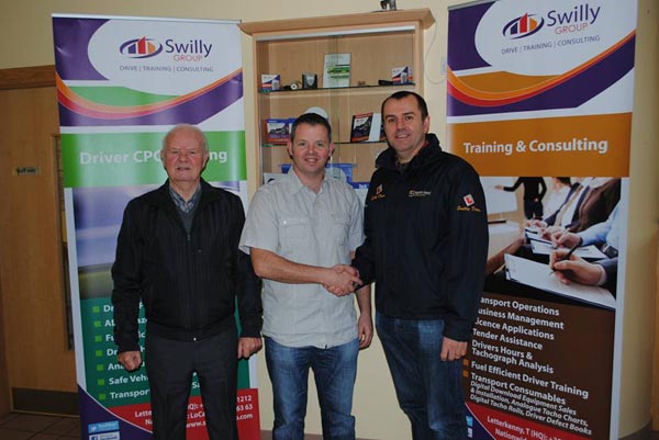 Feda O’Donnell & Brian O’Donnell of Bus Feda are congratulated by Brian Sweeney, MD of the Swilly Group, on Brian’s achievement of scoring the highest marks in Ireland in 2013 in the Chartered Institute of Logistics & Transport (CILT) Transport Manager CPC exams. Brian studied for the course with the Swilly Group in Letterkenny.